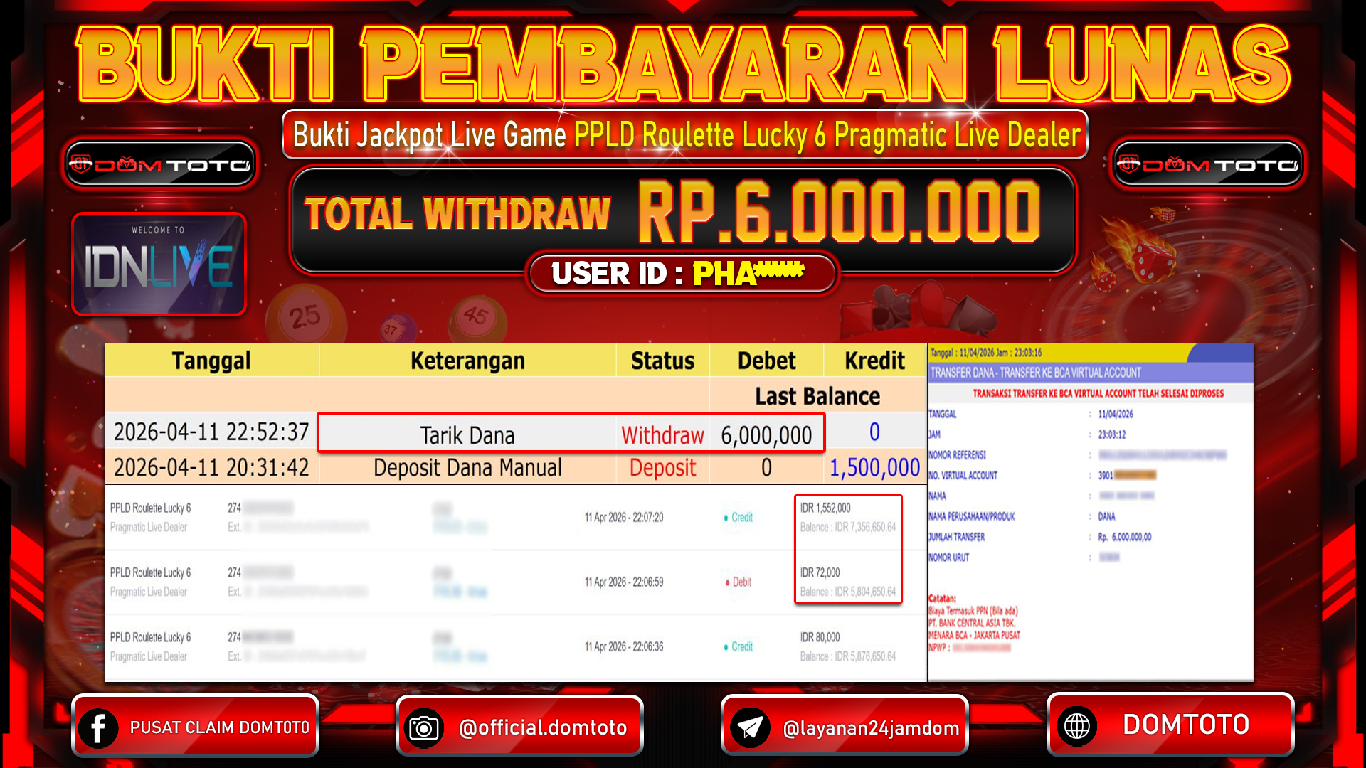 JACKPOT LIVEGAMES PPLD Roulette Lucky 6 Pragmatic Live Dealer 11 APRIL 2026